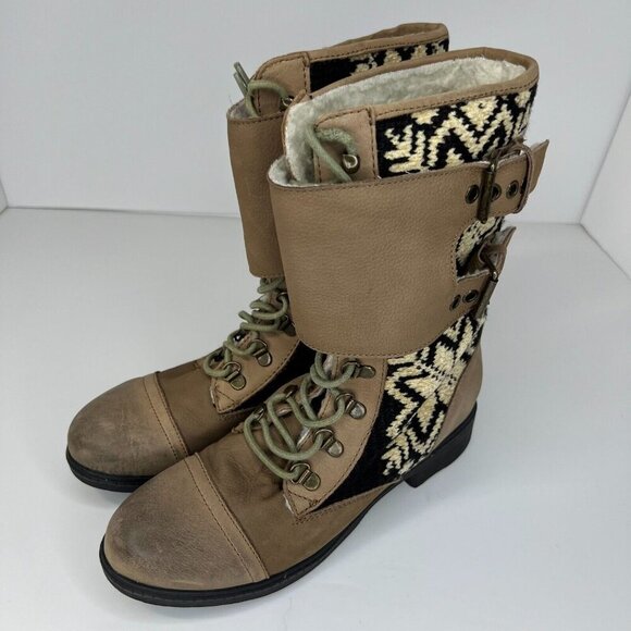 Kelsi Dagger Brown Ilya Womens Leather Block Heel Size 7.5 Mid Calf Sherpa Boots - Picture 1 of 9